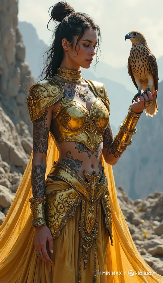 Woman in Golden Armor Bonding with Hawk – AI Generated Video | Hailuo AI
