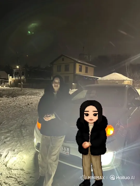 Woman and Avatar in Snowy Night Landscape – AI Generated Video | Hailuo AI