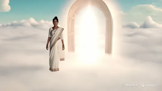 Woman in White Saree Approaches Glowing Doorway – AI Generated Video | Hailuo AI