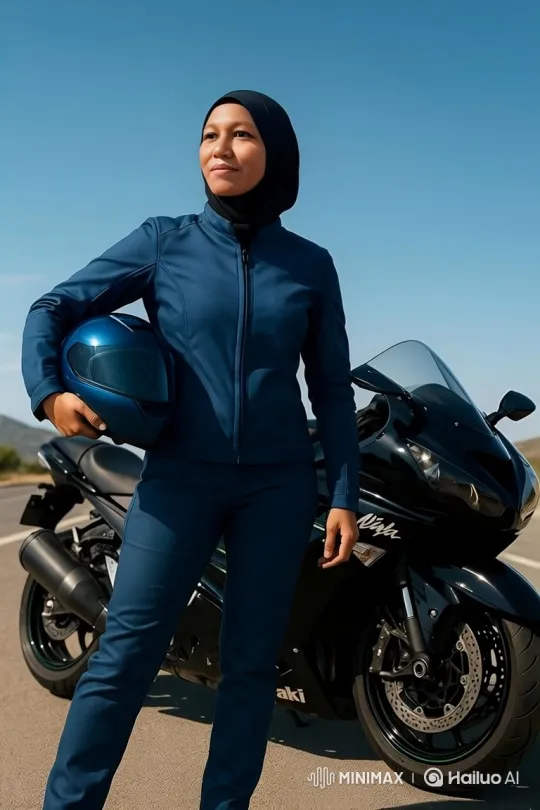 Muslim Woman in Hijab Stands Confidently with Kawasaki Ninja ZX-14 – AI Generated Video | Hailuo AI