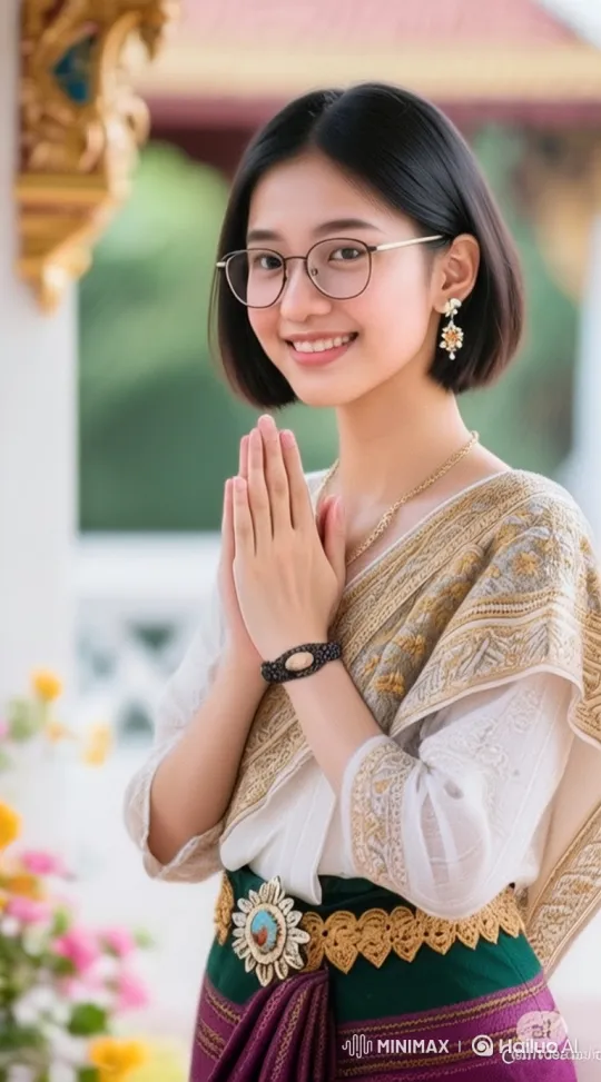 Thai Woman Welcomes Viewers in Front of a Temple – AI Generated Video | Hailuo AI