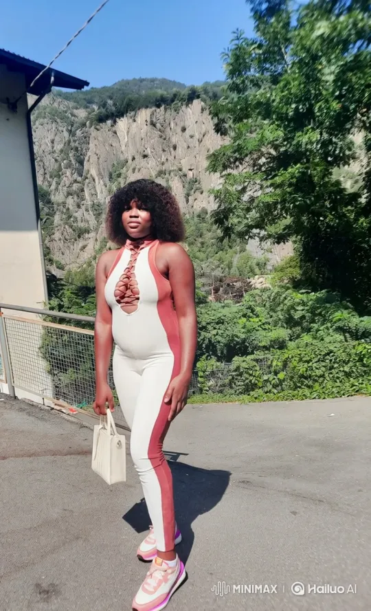 Young Woman in Jumpsuit Begins Journey on Mountain Road – AI Generated Video | Hailuo AI