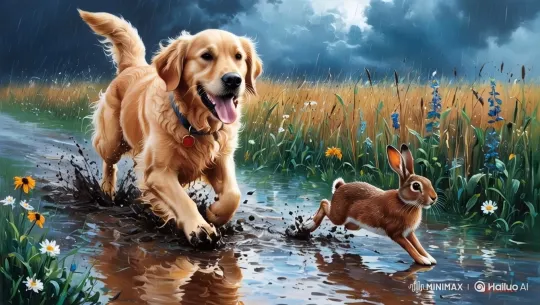 Golden Retriever and Rabbit Chase in Rainy Landscape – AI Generated Video | Hailuo AI