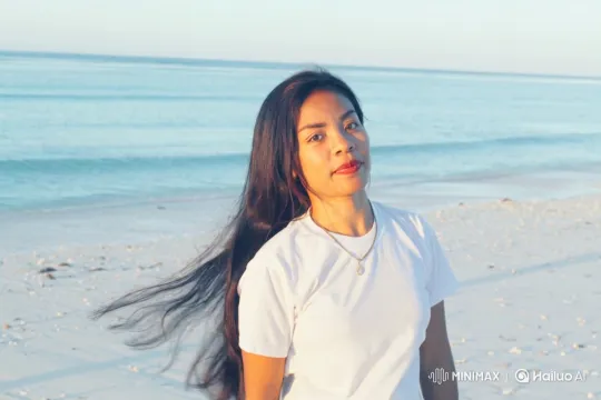 Tranquil Beach Moment with Gentle Breeze and Serene Woman – AI Generated Video | Hailuo AI