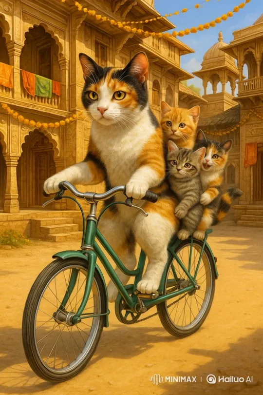 Calico Cat and Kittens Joyfully Ride Bicycle – AI Generated Video | Hailuo AI