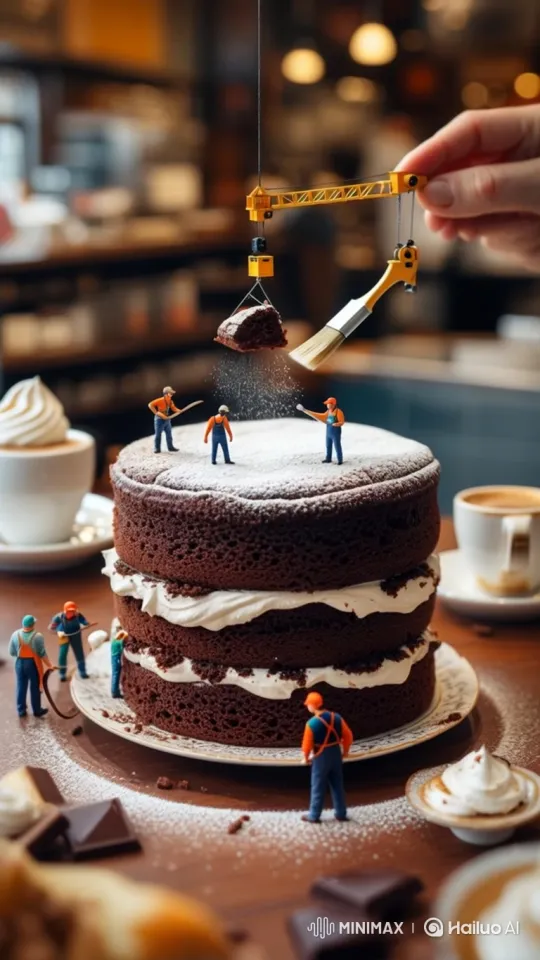 Miniature Construction Crew Builds a Chocolate Cake – AI Generated Video | Hailuo AI
