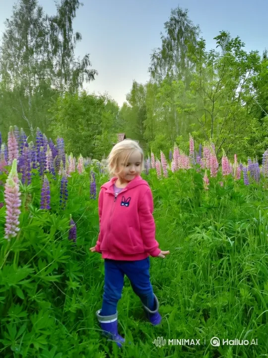 Young Girl Dancing Joyfully in Lupine-Filled Meadow – AI Generated Video | Hailuo AI