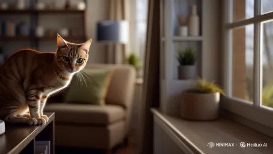Ginger Tabby Cat Gracefully Jumps from Shelf to Windowsill – AI Generated Video | Hailuo AI