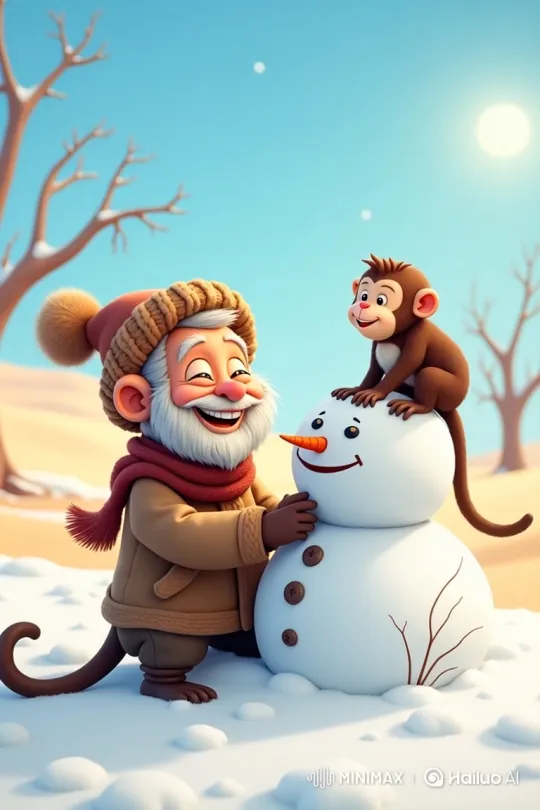 Elderly Man's Snowman Toppled by Mischievous Monkey – AI Generated Video | Hailuo AI