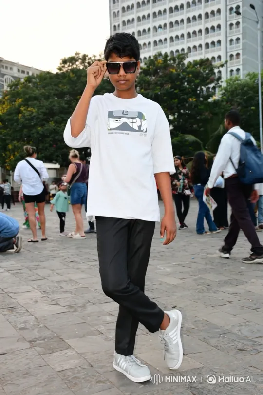Young Boy Poses Confidently in Public Square – AI Generated Video | Hailuo AI