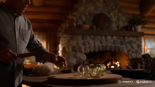 Man Cuts Glass Apples with Knife in Rustic Cabin Kitchen – AI Generated Video | Hailuo AI