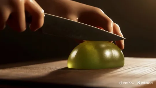 Hyper-Realistic Hand Slices Green Kiwi Slowly – AI Generated Video | Hailuo AI