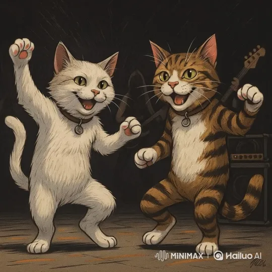 Cartoon Cats Perform Joyful Dance on Stage – AI Generated Video | Hailuo AI