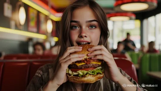 Woman Swallows Burger, Stomach Expands Dramatically – AI Generated Video | Hailuo AI