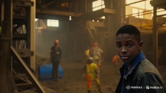 Young Boy Sifts Rubble at Dusty Industrial Site – AI Generated Video | Hailuo AI