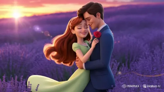 Romantic Couple Embraced in Lavender Field at Sunset – AI Generated Video | Hailuo AI