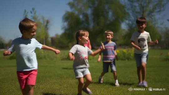 Diverse Children Chasing Soap Bubbles in Sunlit Park – AI Generated Video | Hailuo AI