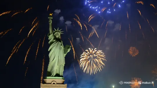 Night Sky Fireworks Display Over Statue of Liberty – AI Generated Video | Hailuo AI