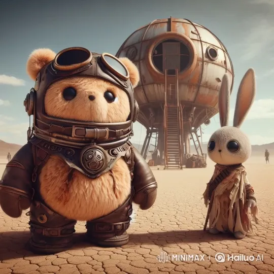 Fluffy Bear and Rabbit Celebrate Ship's Departure in Desert – AI Generated Video | Hailuo AI