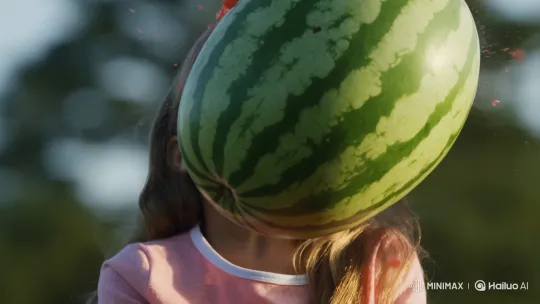 Realistic Slow-Motion Freeze Frame of Watermelon Flying at Girl – AI Generated Video | Hailuo AI
