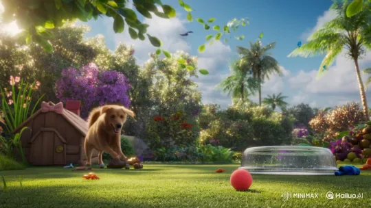 Golden Dog Leaps for Red Ball in Tropical Backyard – AI Generated Video | Hailuo AI