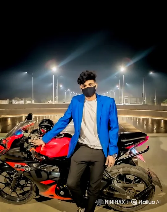 Young Man in Blue Blazer on Motorcycle at Night – AI Generated Video | Hailuo AI