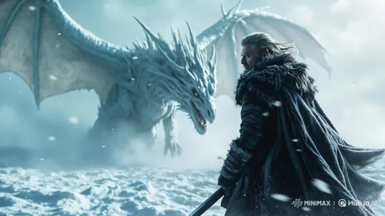Fantasy Confrontation: Warrior vs. Ice Dragon in Snowy Wasteland – AI Generated Video | Hailuo AI