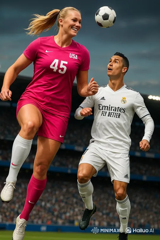 4K Slow-Motion: Female Player and Ronaldo in Epic Header Duel – AI Generated Video | Hailuo AI
