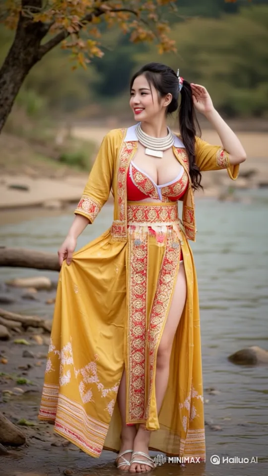 Young Woman Strolls Gracefully Through Autumn Stream – AI Generated Video | Hailuo AI