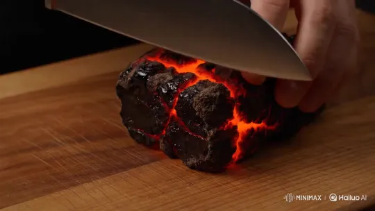 Lava Block Spills Out After Being Cut with Knife – AI Generated Video | Hailuo AI