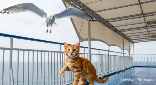 Kitten Startled by Seagull on Ferry in Windy Weather – AI Generated Video | Hailuo AI