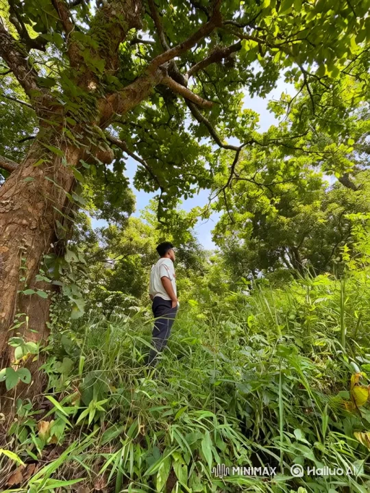 Man Contemplates Nature in Peaceful Forest Setting – AI Generated Video | Hailuo AI