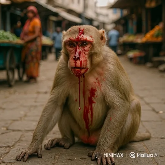 Rhesus Macaque Attacked Person in Busy Market – AI Generated Video | Hailuo AI