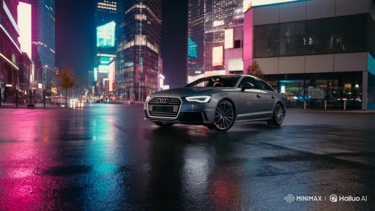 Sleek Audi A4 Glides Through Neon-Lit Cityscape at Night – AI Generated Video | Hailuo AI