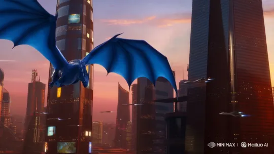 Blue Dragon Soars Over Futuristic Cityscape at Sunset – AI Generated Video | Hailuo AI