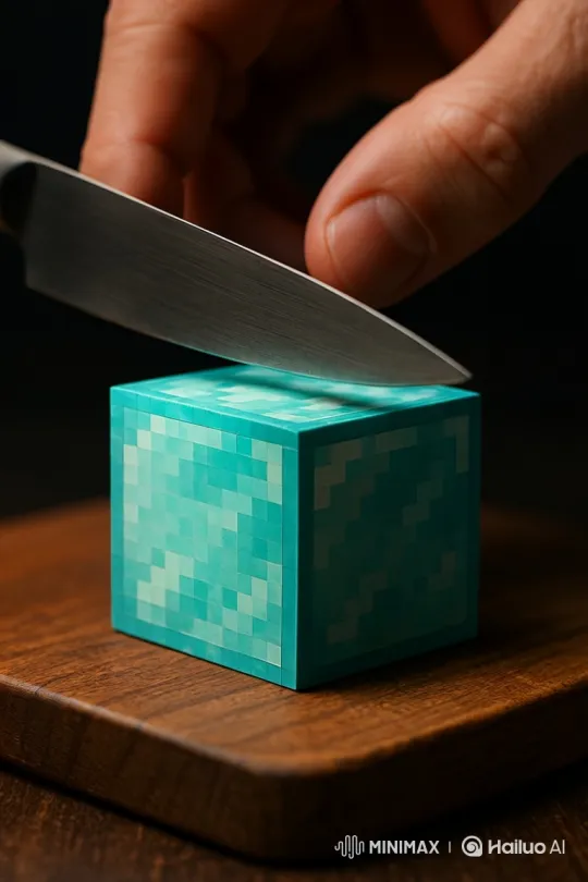 Minecraft Diamond Block Sliced with Realistic Knife – AI Generated Video | Hailuo AI