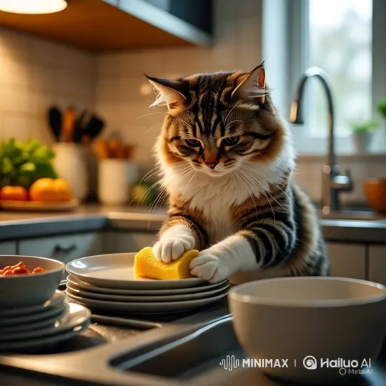 Cat Diligently Washes Dishes in Kitchen – AI Generated Video | Hailuo AI