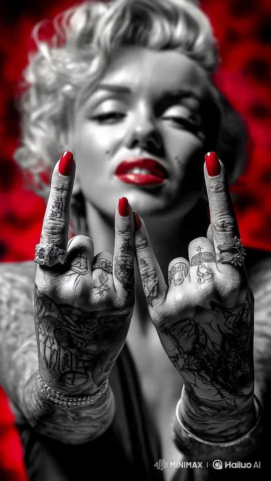 Tattooed Woman's Defiant Gesture in Color and Black and White – AI Generated Video | Hailuo AI