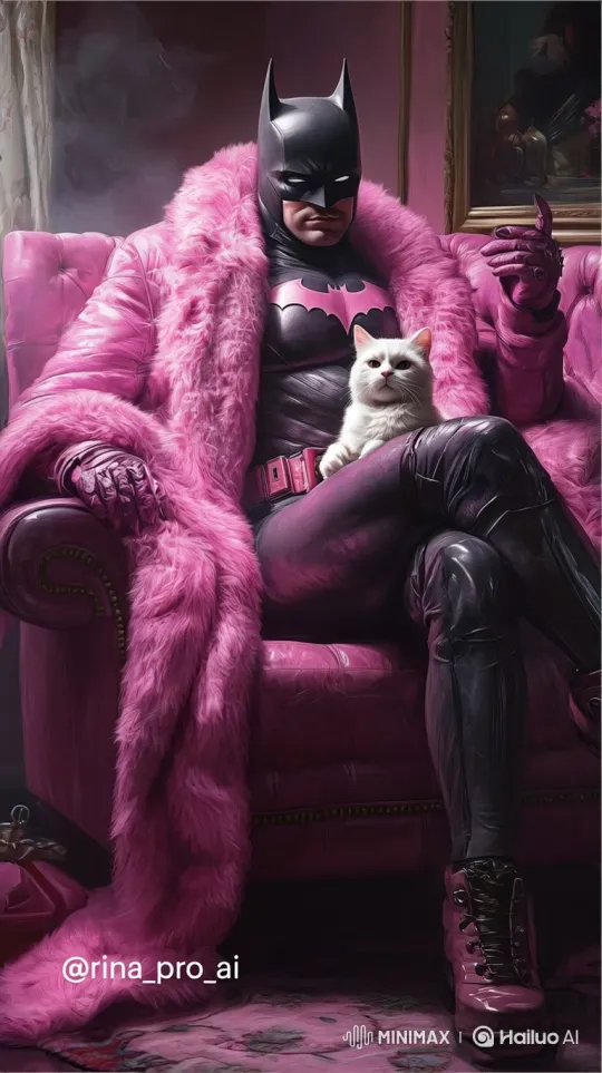 Batman in Pink Fur Coat with Cat: A Surreal Stance – AI Generated Video | Hailuo AI