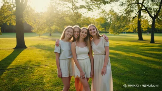 Girls Bonding in Golden Hour Park Photo – AI Generated Video | Hailuo AI