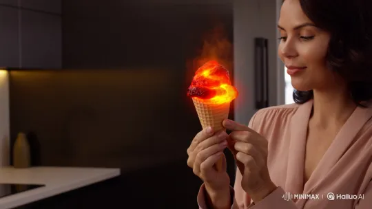 Woman Eats Lava-Filled Ice Cream Cone in Modern Kitchen – AI Generated Video | Hailuo AI