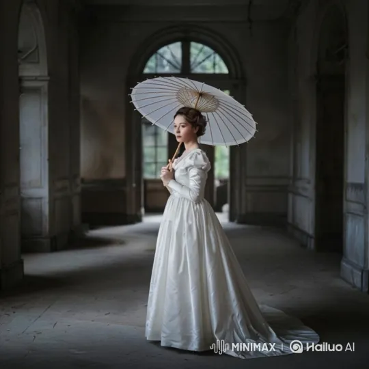 Young Woman in Vintage Gown Reads in Grand Library – AI Generated Video | Hailuo AI