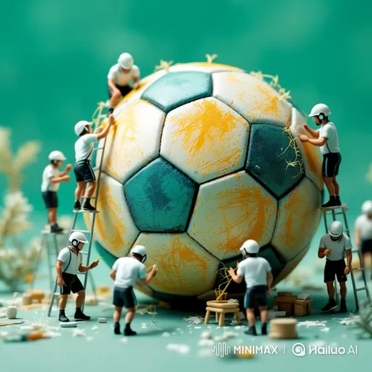 Miniature Workers Maintain a Giant Soccer Ball – AI Generated Video | Hailuo AI