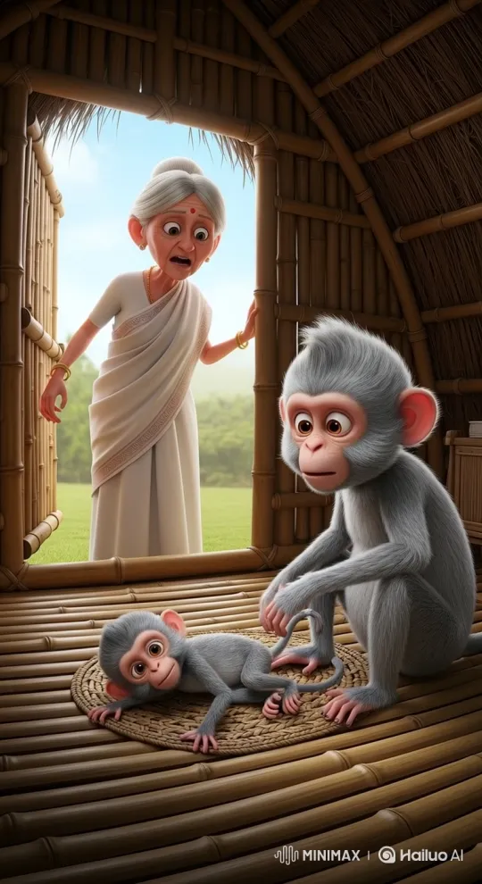Elderly Woman and Monkeys Care for Injured Baby Monkey – AI Generated Video | Hailuo AI