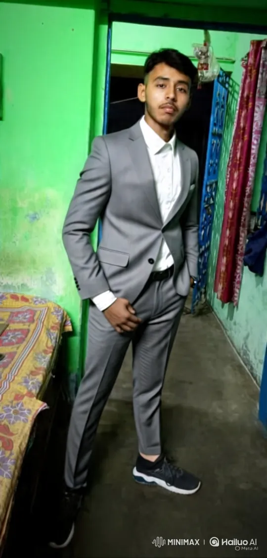 Young Man in Grey Suit Adopts Confident Pose – AI Generated Video | Hailuo AI