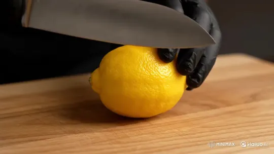 Person Slices Lemon with Sharp Knife on Cutting Board – AI Generated Video | Hailuo AI
