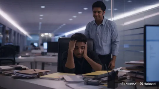 Young Man Comforts Stressed Colleague in Modern Office – AI Generated Video | Hailuo AI