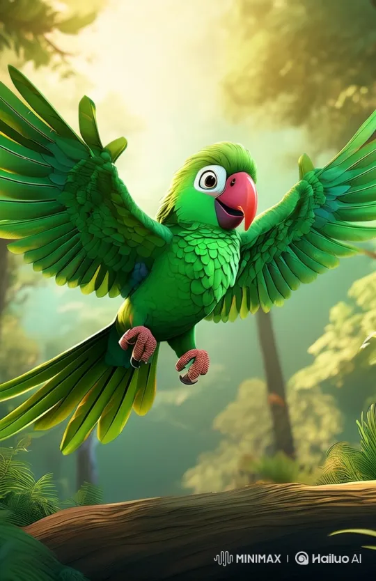 3D Animated Green Parrot Soars Through Sunlit Jungle – AI Generated Video | Hailuo AI