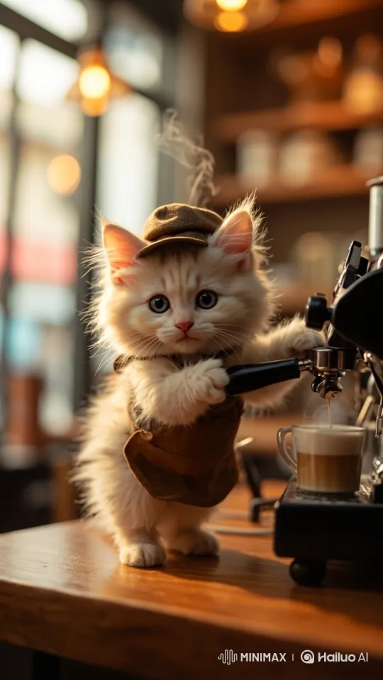 Fluffy Kitten Serves Espresso in Adorable Café Scene – AI Generated Video | Hailuo AI