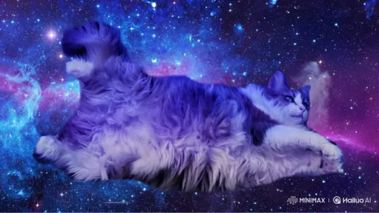 Fluffy Cat Drifts Peacefully in Cosmic Wonderland – AI Generated Video | Hailuo AI